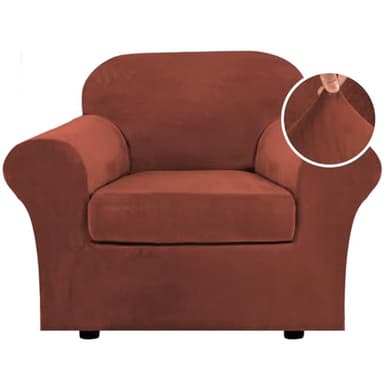 H.VERSAILTEX Rich Velvet Stretch 2 Piece Cover Chair Slipcover Sofa Cover Furniture Protector Couch Soft with Elastic Bottom Chair Couch Cover with Arms, Machine Washable(Chair, Rust) - Image 1