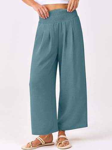 ANRABESS Womens Pants Wide Leg High Waisted Palazzo Pants Summer Flowy Beach Lounge Casual Trousers with Pockets Lake Small - Image 2