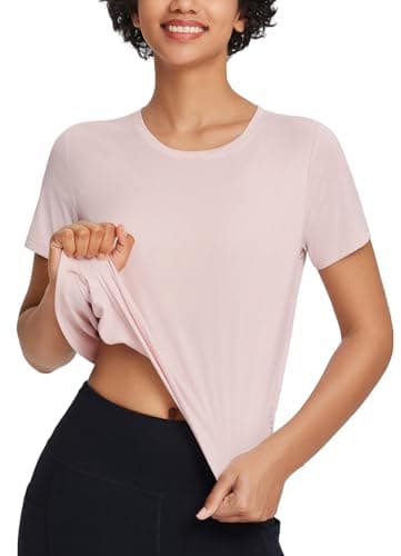 baleaf Women's Workout Tops Athletic Shirts Cropped Short Sleeve Split Back Running Gym Quick Dry Sun Protection UPF 50+ Pink M - Image 2