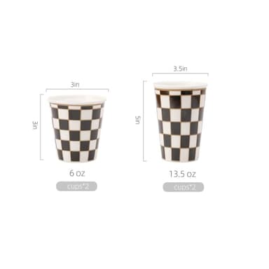 Porlien Checker Porcelain Cup Set of 4 (2 of 6-ounce Coffee Mugs and 2 of 13-ounce Cups) for Coffee Tea Cappucino, Handless Ceramic Mugs for Family - Image 2