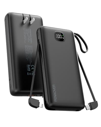 penaover Portable Charger with Built-in Cables&AC Wall Plug,5 Output 2 Input 20000mAh Power Bank,22.5W Fast Charging Battery Pack with LED Display,Compatible with iPhones,Android, Samsung etc,Black - Image 1