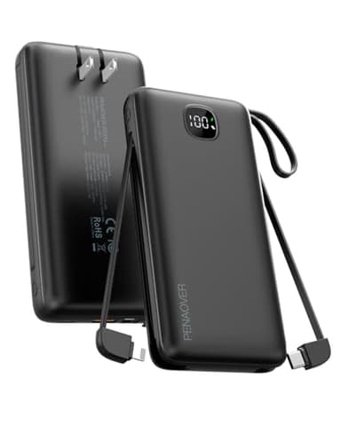 penaover Portable Charger with Built-in Cables&AC Wall Plug,5 Output 2 Input 20000mAh Power Bank,22.5W Fast Charging Battery Pack with LED Display,Compatible with iPhones,Android, Samsung etc,Black - Image 1