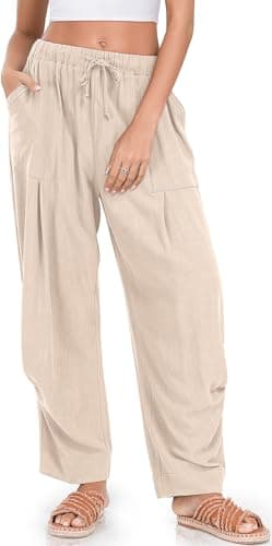 TARSE Women Linen Pants Summer Boho Wide Leg Drawstring with Pockets, HeatherLightKhaki, L - Image 1
