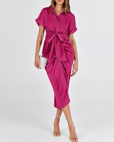 BTFBM Women Button Down Ruched Shirt Dresses Satin Short Sleeve Lapel V Neck Summer Maxi Dress 2025 Party Wedding Guest(Rose Red, Small) - Image 4