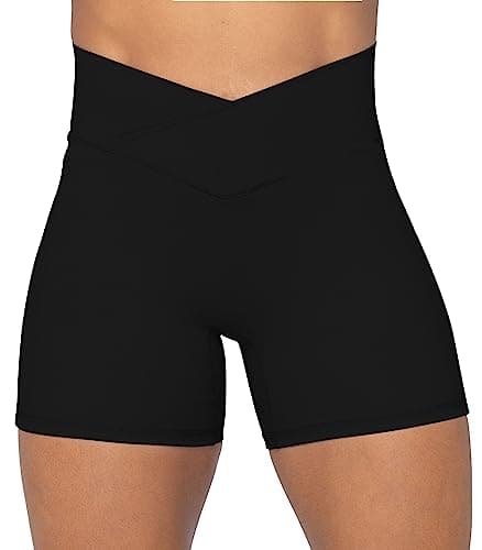 Sunzel Sunzfly Crossover Biker Shorts for Women, V Criss Cross High Waist Yoga Workout Gym Shorts with Tummy Control 4" Black Large - Image 1