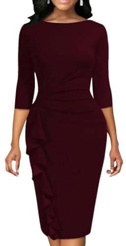 Yajedo Womens Bodycon Cocktail Ruffle 3/4 Sleeve Work Business Knee Length Sheath Dress(Burgundy X-Large) - Image 1