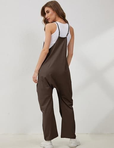 Lentta Women's Causal Jumpsuits V Neck Sleeveless Harem Overalls Stretchy Adjustable Strap Romper with Pockets(Coffee-L) - Image 4