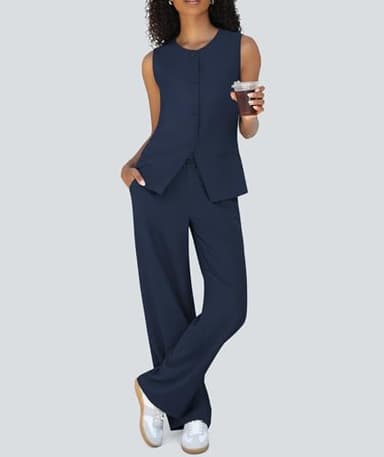 Casly Lamiit Two Piece Sets for Women Dressy Business Suit Set Sleeveless Blazer Vest Pants with Pockets Trendy Outfits Professional Clothes Navy Blue S - Image 5