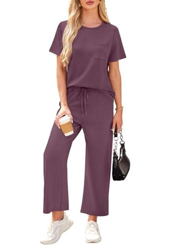 WIHOLL Beach Vacation Clothes for Women 2 Piece Travel Airport Outfits Fashion 2025 Comfy Summer Matching Sets Women Clothing Tropical Wide Leg Pants Lounge Sets Pjs Dark Purple L - Image 3