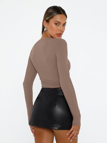 AUTOMET Womens Long Sleeve T-Shirts Trendy Basic Fitted Compression Going Out Crop Tops Fall Fashion Y2K Clothes 2025 Outfits Coffee Grey M - Image 4