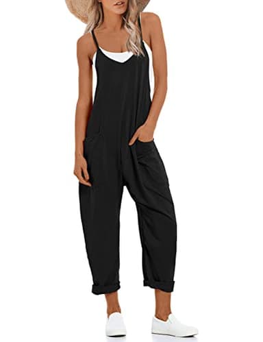 Lentta Women's Causal Jumpsuits V Neck Sleeveless Harem Overalls Stretchy Adjustable Strap Romper with Pockets(Black-L) - Image 1