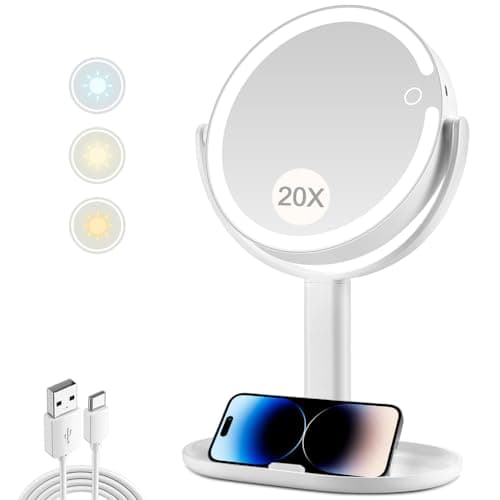 Makeup Mirror with Lights,20X Magnifying Mirror with Light and Touch Switch,Vanity Mirror with 3 Color Light and 80 LEDs,2-Sided Lighted Magnified Mirror 8.8 Inches - Image 1