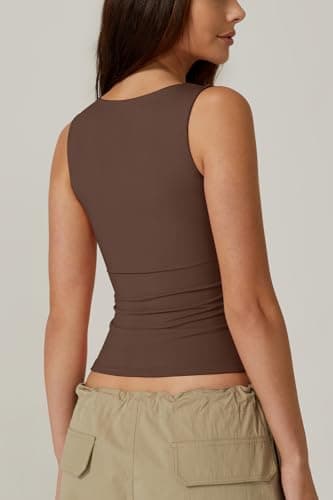 QINSEN Womens Tank Top Sleeveless Square Neck Casual Basic Fitted T- Shirts Brown L - Image 4