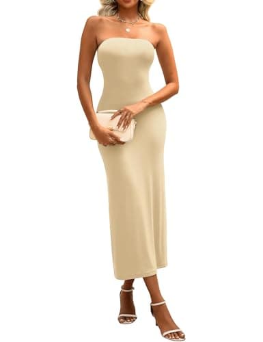 YESTTO Summer Bodycon Maxi Tube Dress for Women Strapless Fitted Casual Elegant Cocktail Party Long Dresses Beige XL - Image 1