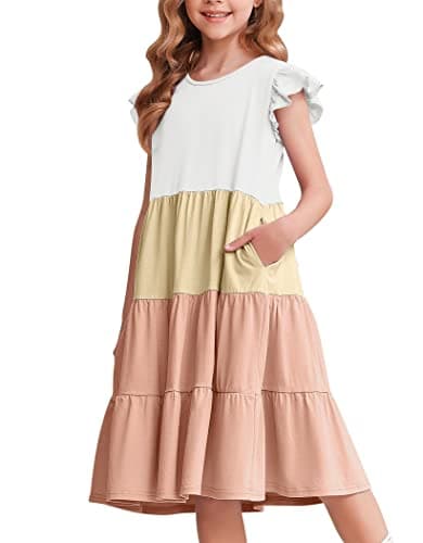 Arshiner Girls Summer Dress Ruffle Sleeve Flared Flowy Pleated Midi Cotton Casual Sundress with Pockets White & Pink 8-9 Years - Image 1