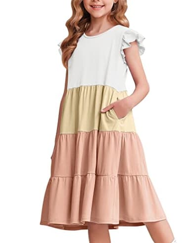 Arshiner Girls Summer Dress Ruffle Sleeve Flared Flowy Pleated Midi Cotton Casual Sundress with Pockets White & Pink 8-9 Years - Image 1