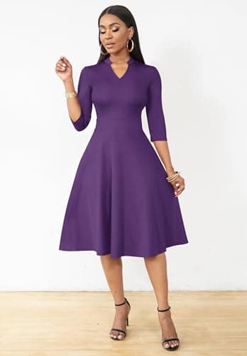 Nmoder Casual Dresses for Women Semi Formal Fit and Flare 3/4 Sleeve A-line Church Work Dress with Pockets Purple 3XL - Image 3