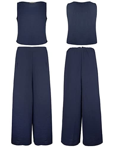 ROYLAMP Women's Summer 2 Piece Outfits Round neck Crop Basic Top Cropped Wide Leg pants Set Jumpsuits Navy Blue M - Image 5