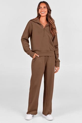 PRETTYGARDEN Womens 2 Piece Outfits Half Zip Sweatshirts And Palazza Pants Casual Fall Sweatsuits Sets (Brown,Small) - Image 7