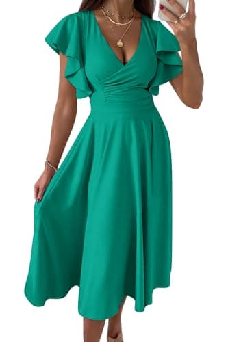 PRETTYGARDEN Summer Midi Dress 2025 Spring Ruffle Sleeve V Neck Cocktail Wedding Guest A Line Fit and Flared Dresses (Bean Green,Large) - Image 1