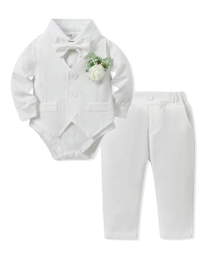 SANMIO Baby Boy Baptism Outfit Baby Boy Suits Collared Dress Shirt+Vest+Tie+Corsage+Pants Baby Christening Formal Outfits 5Pcs Sets - Image 1