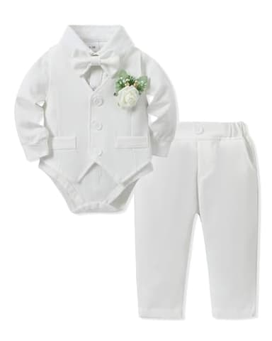 SANMIO Baby Boy Baptism Outfit Baby Boy Suits Collared Dress Shirt+Vest+Tie+Corsage+Pants Baby Christening Formal Outfits 5Pcs Sets - Image 1