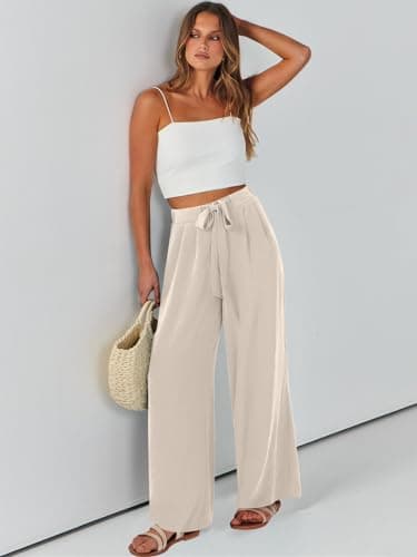 Caracilia Women Wide Leg Palazzo Pants Summer High Waist Flowy Casual Trousers Loose Lounge Beach Travel Vacation Clothes Apricot Medium - Image 9