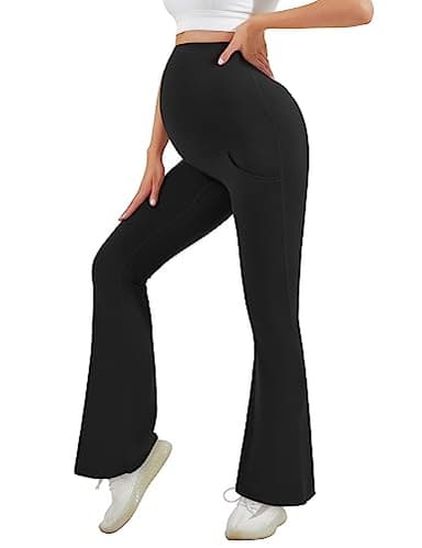 HEGALY Women's Maternity Flare Leggings Over The Belly - Casual Pregnancy Yoga Pants with Pockets Buttery Soft Black - Image 6