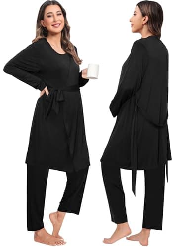 SWOMOG Maternity Nursing Robe Set 3 PCS Women Postpartum Pajamas Breastfeeding Labor Delivery Hospital Pregnancy Pjs (Black, Medium) - Image 5