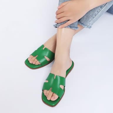 Rihero Women's Dressy Slides Sandals Comfortable Slip On Square Toe Flat Green Sandals Size 8.5 - Image 6