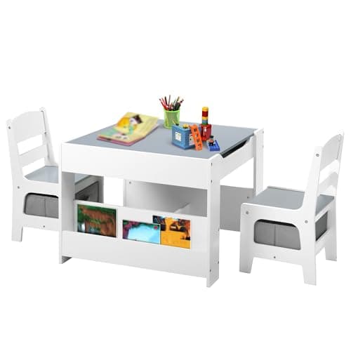 Kinder King Kids Wood Table & 2 Chairs Set, 4 in 1 Children Activity Table w/Double Bookcase, Blackboard, Toddler Furniture Set for Art, Crafts, Drawing, Reading, Playroom, Grey - Image 1
