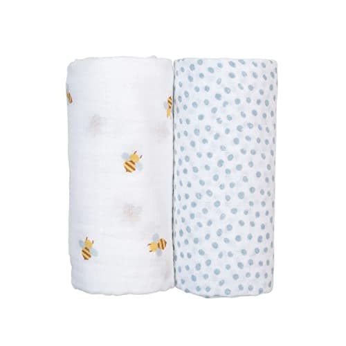 lulujo Baby Swaddle Blankets | Unisex Softest Breathable Cotton Muslin Swaddle Blanket Set | Neutral Receiving Blanket for Girls & Boys | 40in x 40in | Bees & Dots | 2-Count - Image 1