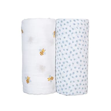 lulujo Baby Swaddle Blankets | Unisex Softest Breathable Cotton Muslin Swaddle Blanket Set | Neutral Receiving Blanket for Girls & Boys | 40in x 40in | Bees & Dots | 2-Count - Image 1