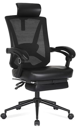 Misolant Ergonomic Office Chair with Footrest, Ergonomic Desk Chair with Adjustable 2D Lumbar Support, High Back Computer Chair with Adjustable Headrest, Comfortable Leather Office Chairs -Black - Image 1