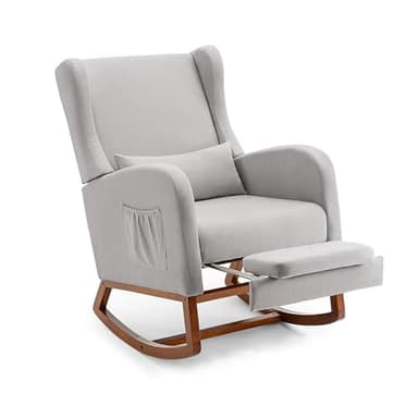 AYEASY Rocking Chair Nursery Glider Chair with Foot Rest, Nursery Rocking Chairs with Rubber Wood Legs Side Pocket, High Back Nursing Chair, Accent Rocker Arm Chair Baby Bedroom, Living Room, Grey - Image 3
