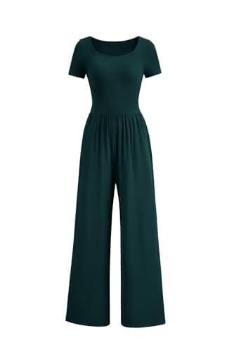 PRETTYGARDEN Women's Summer One Piece Jumpsuits Dressy Casual Short Sleeve Square Neck Wide Leg Jumpsuit Rompers (Dark Green,Small) - Image 1