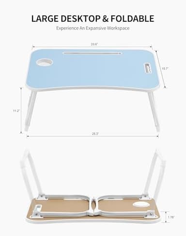 ZEAPTAC Laptop Bed Desk, Foldable Lap Table, Portable Study Table, Laptop Stand with Cup Holder & Tablet Slot & Lifting Handle for Working Writing Drawing & Eating - Blue - Image 6