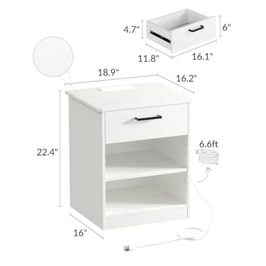 ODIKA Everyday Side Table with Fast Charging Station - USB C Cable Fast Charging, Wooden White Nightstand Bedside Table with Drawer, End Table with Optional Adjustable Shelf for Bedroom, Set of 1 - Image 3