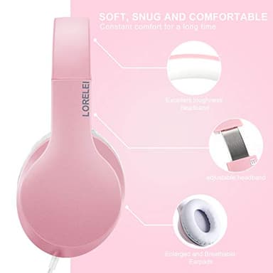 LORELEI X6 Over-Ear Headphones with Microphone, Lightweight Foldable & Portable Stereo Bass Headphones with 1.45M No-Tangle, Wired Headphones for Smartphone Tablet MP3 / 4 (Pearl Pink) - Image 2