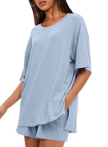 Darong Womens 2 Piece Lounge Sets 2025 Summer Travel Outfits Casual Short Sleeve Oversized Tshirts Tops Drawstring Shorts 9121 Blue L - Image 1