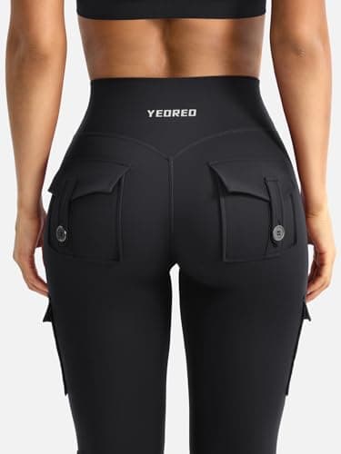 YEOREO CoreFlex Women Workout Flare Leggings with Pockets Hidden Scrunch High Waisted Cargo Gym Yoga Leggings Black S - Image 3