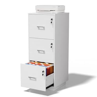 VINGLI 3 Drawer File Cabinet with Lock, Home Office Filing Organizer, for Letter Size File Folder Storage, Wood Tall Vertical Filing Cabinet, Printer Stand, Archivador (White) - Image 1