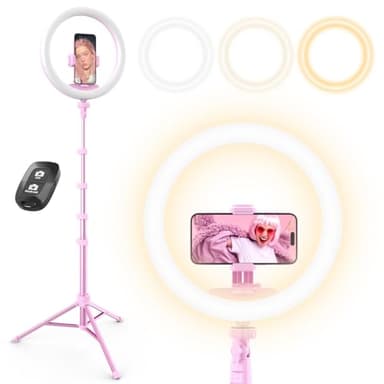 UBeesize 12” Selfie Ring Light with 62” Extendable Tripod Stand & Remote, LED Light with Phone Holder for Video Recording/Makeup/Content Creator (YouTube/TikTok/Twitch), Phone, Camera & Webcam (Pink) - Image 1