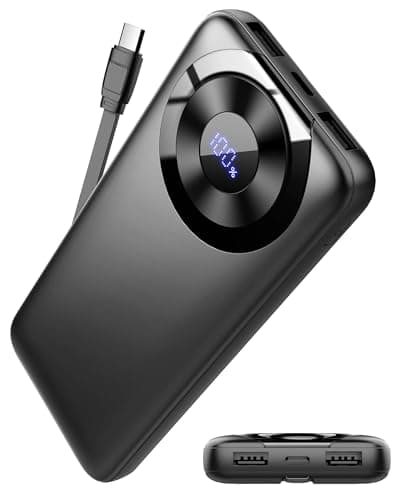 Hosgubo Power Bank 10000mAh, Portable Charger with Built in Cable 5V/3A High-Speed Charging, 4 Output 2 Input LED Display Slim Powerbank for iPhone 15/14/13, Galaxy S23/22, Tablet and etc - Image 1