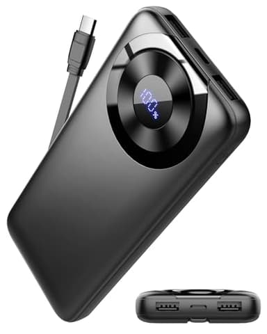 Hosgubo Power Bank 10000mAh, Portable Charger with Built in Cable 5V/3A High-Speed Charging, 4 Output 2 Input LED Display Slim Powerbank for iPhone 15/14/13, Galaxy S23/22, Tablet and etc - Image 1