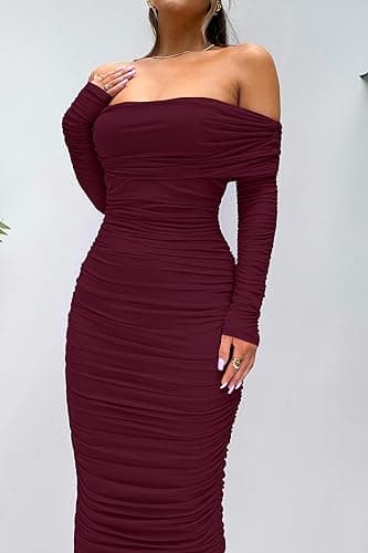 PRETTYGARDEN Women's Fall Off Shoulder Maxi Bodycon Dress Long Sleeve Ruched Fitted Club Dresses with Slit (Wine Red,Medium) - Image 8