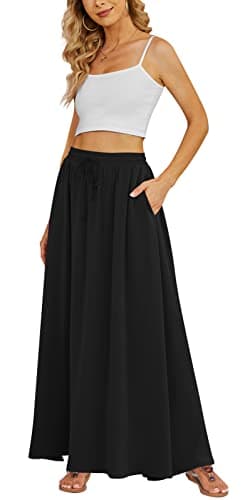 Yincro Women's Flowy Maxi Skirt Summer Pleated High Waisted Casual Long Skirts with Pockets (Black, M) - Image 1