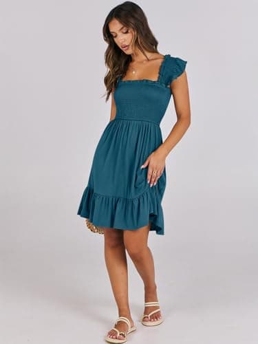 ANRABESS Women's Summer Casual Sleeveless Square Neck Dress 2025 Smocked Ruffle Backless Boho Beach Cute Teen Short Sundress Tile Blue x-Small - Image 7