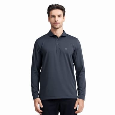 Mens Polo Shirts Long Sleeve Dry Fit Classic Regular Pin Striped Golf Polos for Men Black - Image 2