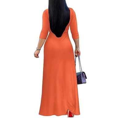 FANDEE Women's 2025 Maxi Dress - Solid Color Bohemian Summer Long Maxi Dress V-Neck 3/4 Sleeve Orange XL - Image 3